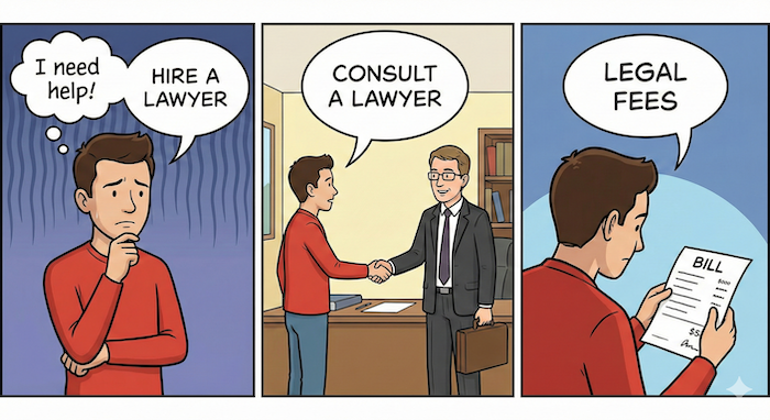 Comic strip: Lawyer phrases. / 「弁護士」を使う英語フレーズのコミック。