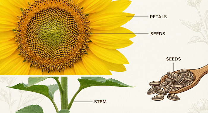 ひまわりの部位と種の図解。