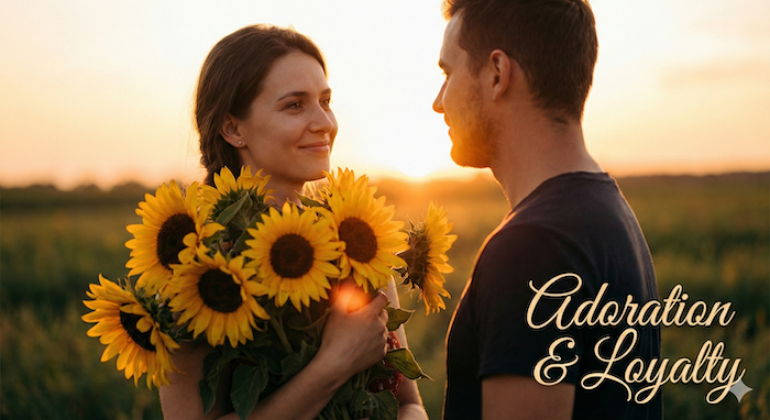 夕暮れ時にひまわりを持つカップル。