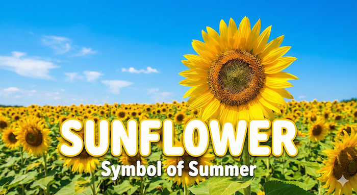 青空の下、満開のひまわり畑。