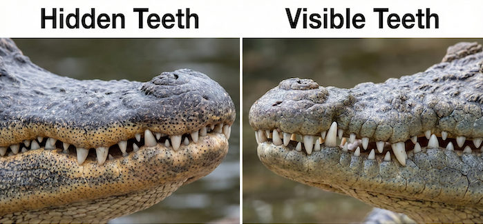 Teeth visibility comparison: Alligator vs Crocodile. / 歯の見え方の比較：アリゲーターとクロコダイル