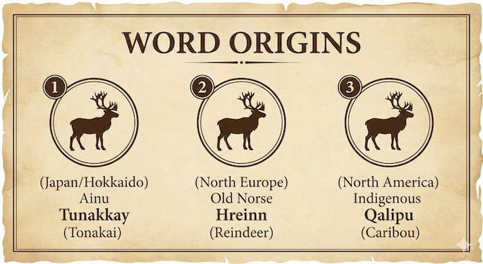 Reindeer word origin infographic. トナカイの語源インフォグラフィック。