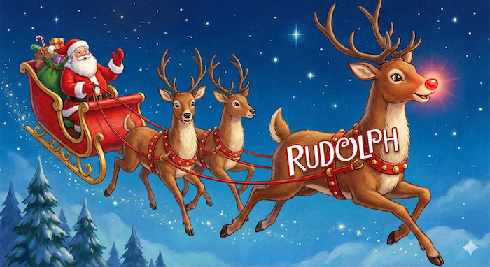 Santa's sleigh with Rudolph. サンタのそりとルドルフ。