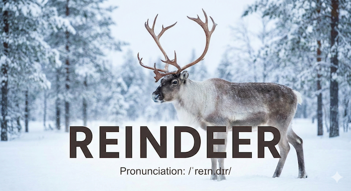 Majestic reindeer in snowy forest. 雪の森に立つ雄大なトナカイ。