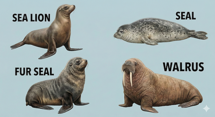 Comparison of sea lion, seal, fur seal, and walrus. （アシカ、アザラシ、オットセイ、セイウチの比較）