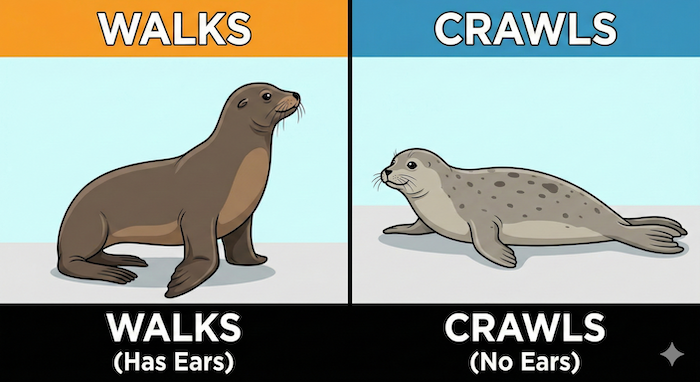 Sea lion walking vs seal crawling graphic. （アシカの歩行とアザラシの這う動作の図）