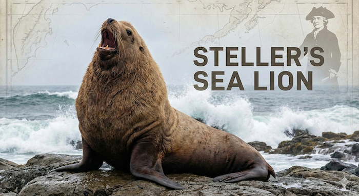 Roaring Steller's sea lion on rocky shore. （岩場で咆哮するトド）