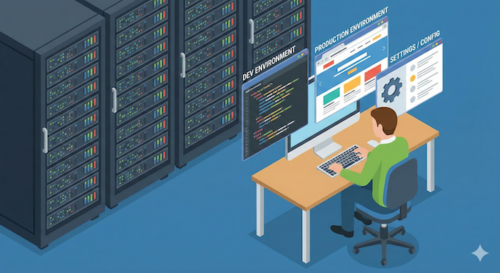 IT developer desk with three environment windows. / 3つの環境ウィンドウが表示されたIT開発者のデスク