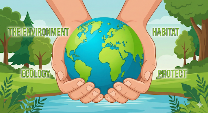 Hands protecting Earth with environmental keywords. / 地球環境を守る手とキーワード