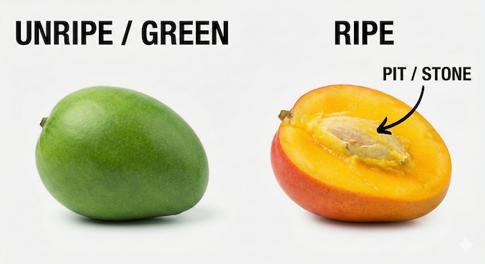 Unripe green vs ripe mango. (未熟な緑と完熟マンゴー)