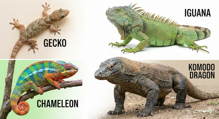 Four lizard types: Gecko, Iguana, Chameleon, Komodo Dragon. (4種類のトカゲ：ヤモリ、イグアナ、カメレオン、コモドオオトカゲ)