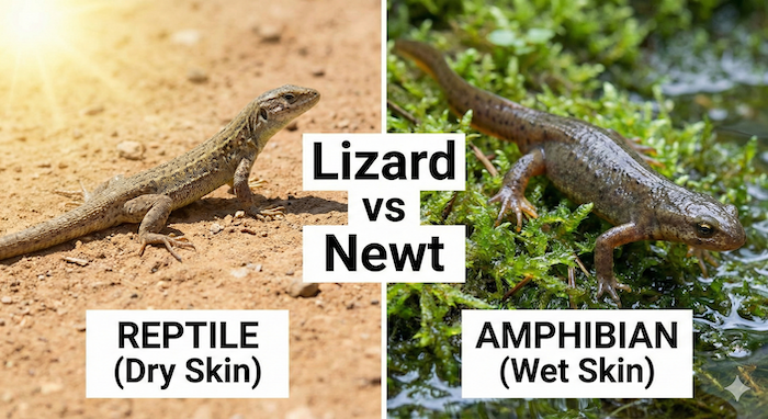 Comparison: Dry lizard vs. wet newt. (比較：乾いたトカゲ対濡れたイモリ)