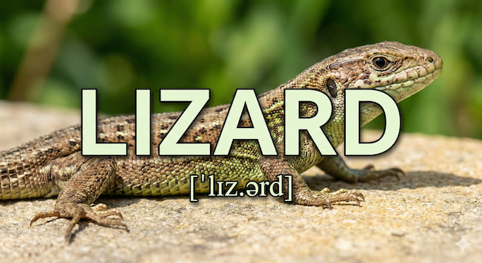 Lizard word and pronunciation over photo. (トカゲの単語と発音、写真の上)