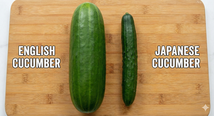 English and Japanese cucumbers compared side-by-side. (英国と日本のきゅうりの比較)