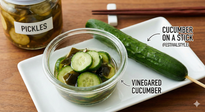 Various Japanese cucumber dishes and pickles. (様々なきゅうり料理とピクルス)