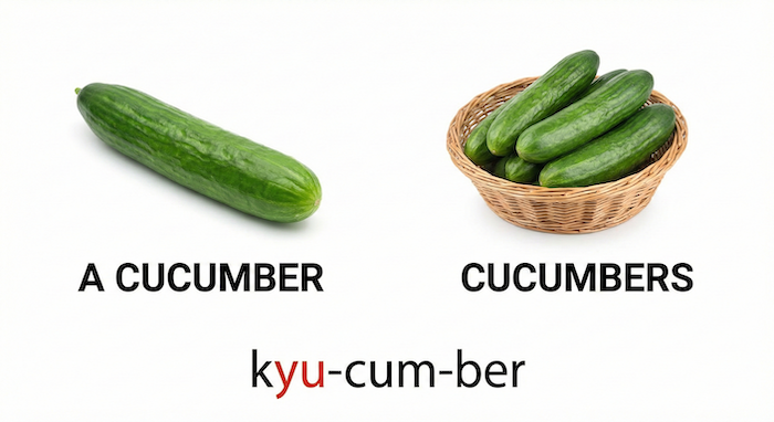 A cucumber and a basket of cucumbers with pronunciation. (きゅうりの単数と複数、発音)
