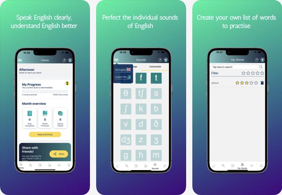 Say ItのApp Store掲載画面：発音練習と音・単語のメニュー（2026年10月11日確認）